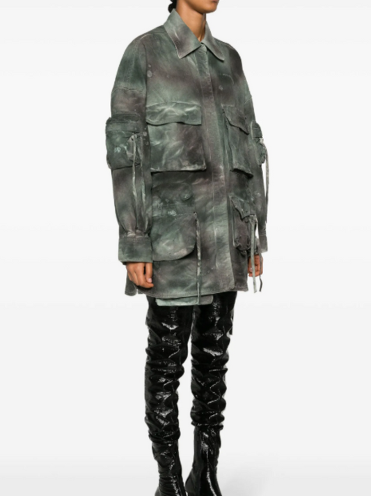 Camouflage Pattern Stressed Effect Denim Jacket