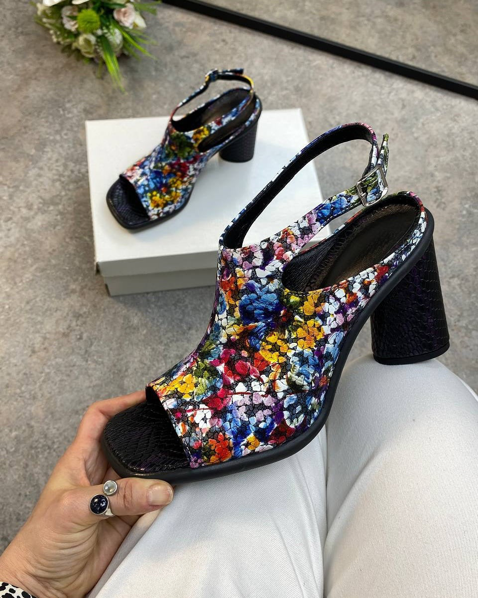 Floral Print Block Heel Ankle Strap Sandals