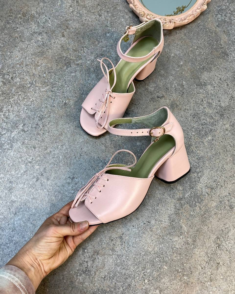 Lace Up Ankle Strap Block Heel Pumps