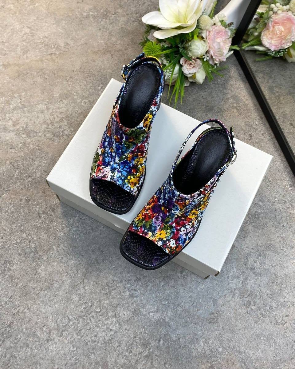 Floral Print Block Heel Ankle Strap Sandals