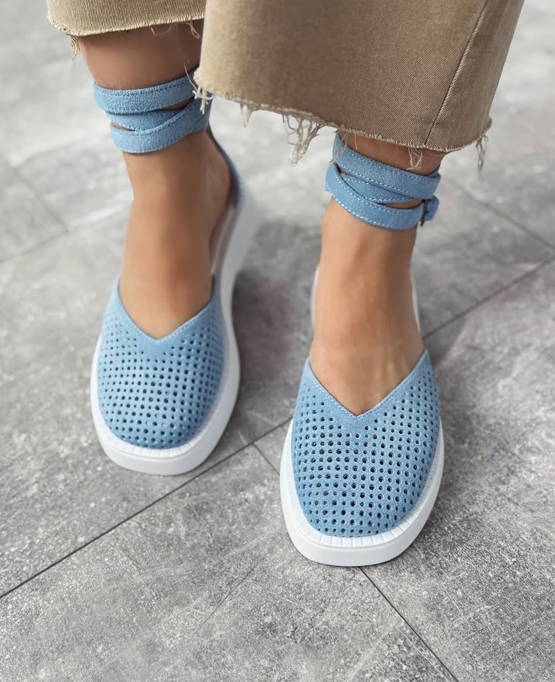 Perforated Ankle Strap Platform Flats