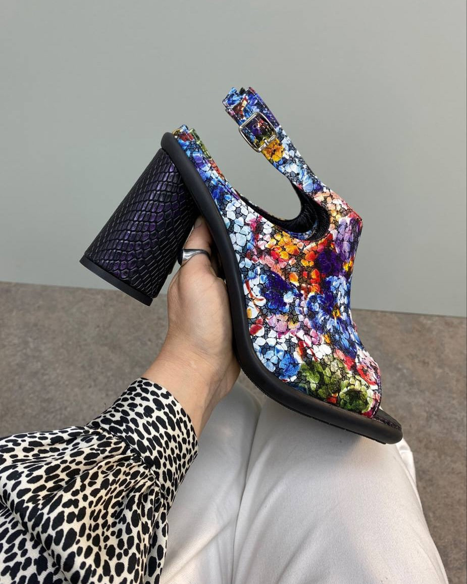 Floral Print Block Heel Ankle Strap Sandals