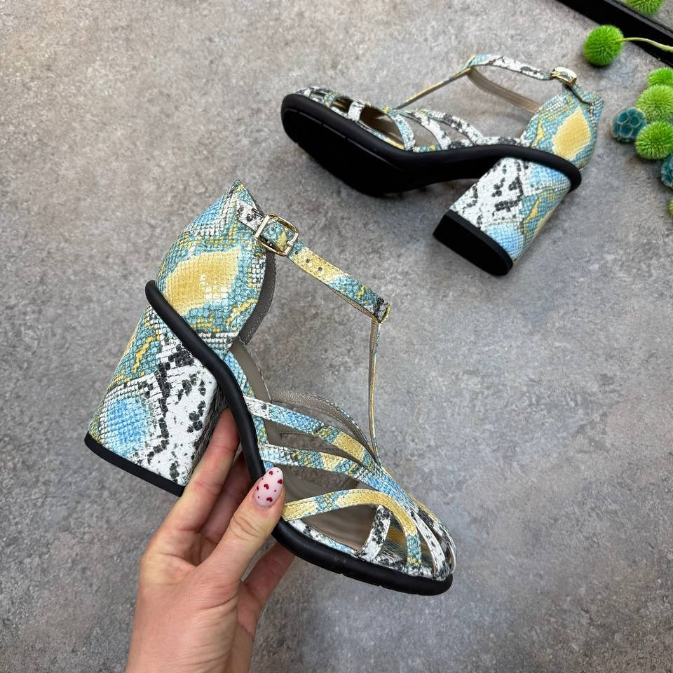 Printed Block Heel Ankle Strap Sandals