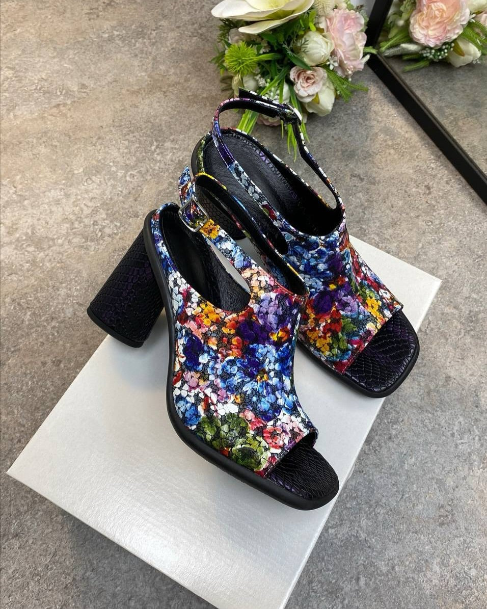 Floral Print Block Heel Ankle Strap Sandals