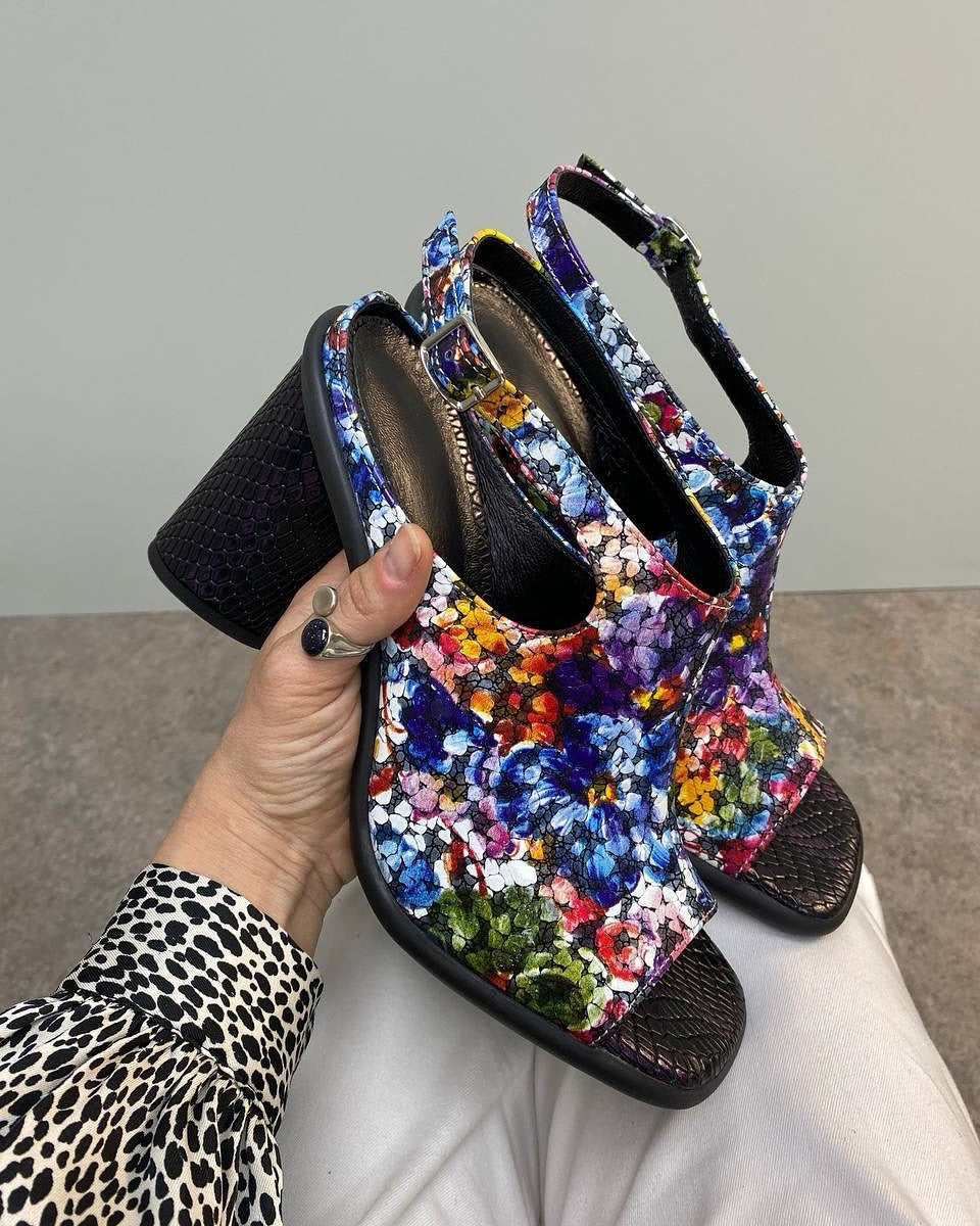 Floral Print Block Heel Ankle Strap Sandals
