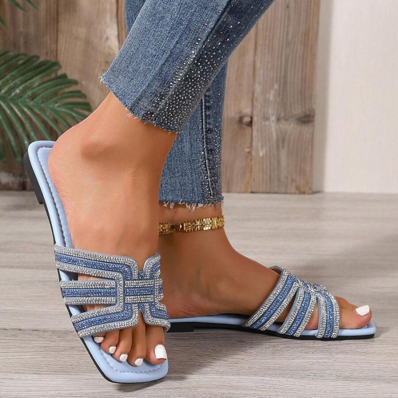 Sparkling Light Blue Square Toe Slide Sandals