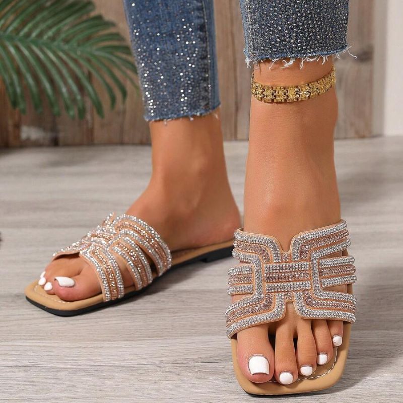 Sparkling Light Blue Square Toe Slide Sandals