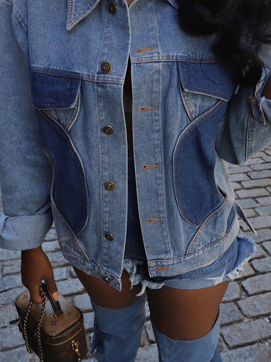 Hollowed Out Denim Love Pattern Casual Jacket