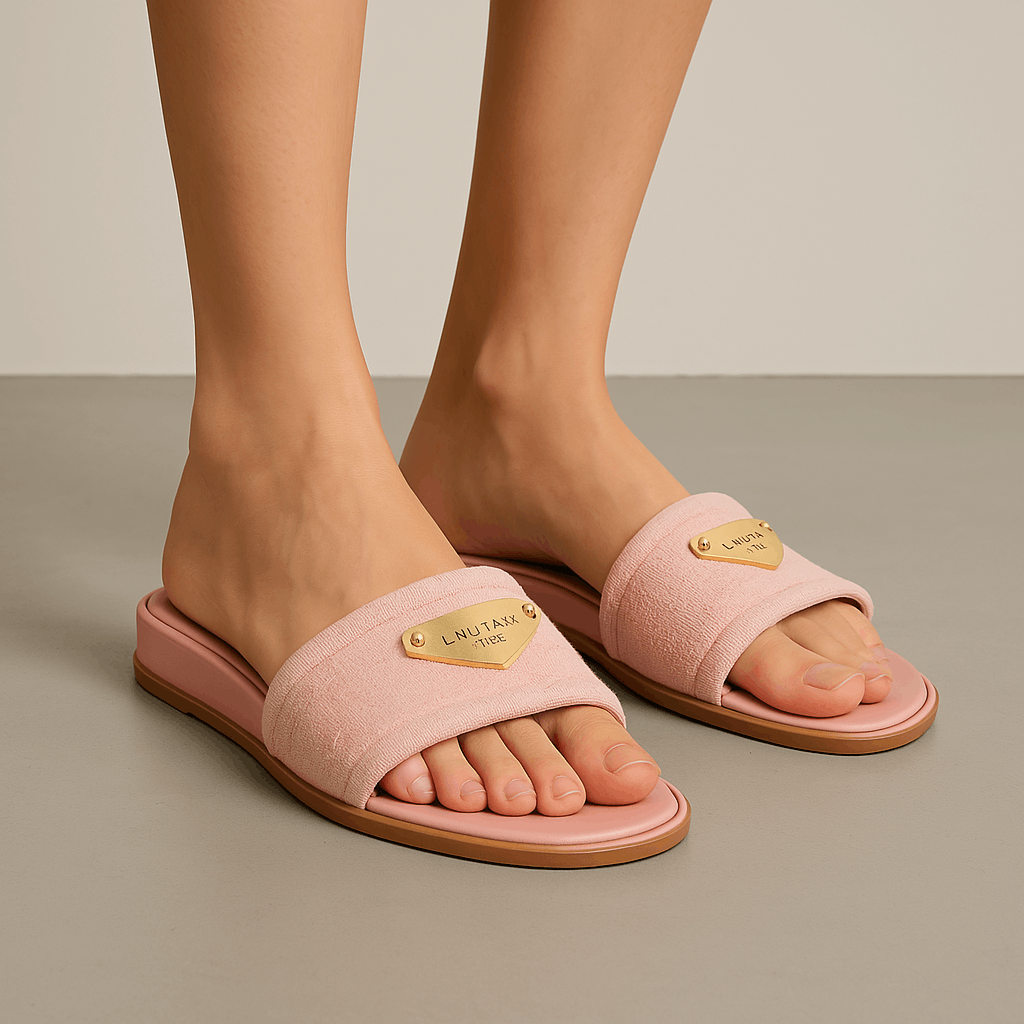 Pink Terry Cloth Slide Sandals With Gold Plate
