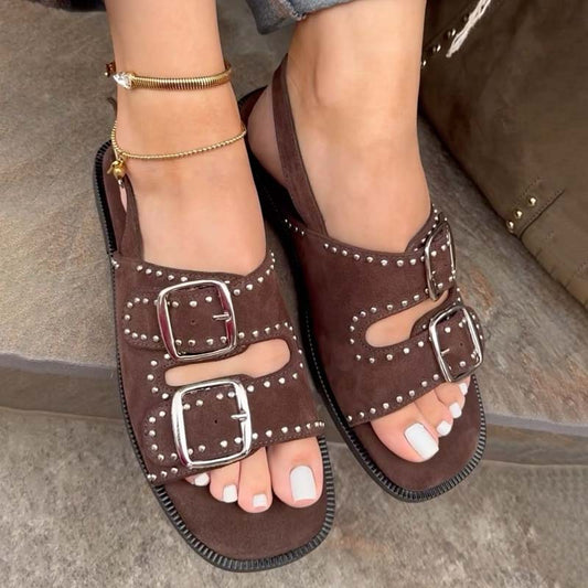 Studded Double Buckle Flat Sandals