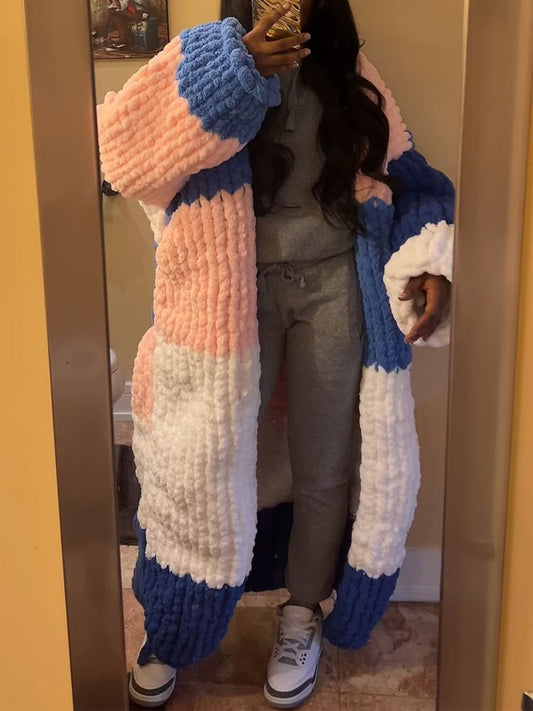 Oversized Balloon Sleeves Color Block Cardigan