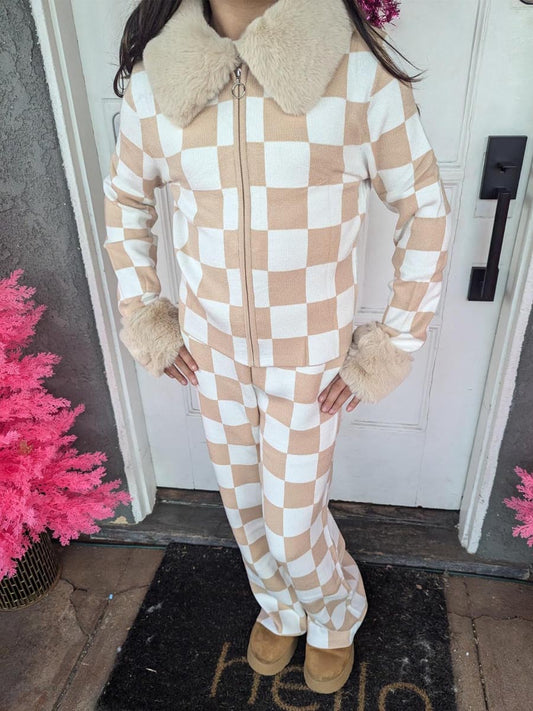 Fur Collar Color Block Two Pieces Set