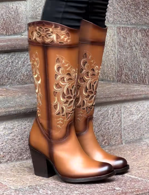 Embroidered Block Heel Knee High Boots