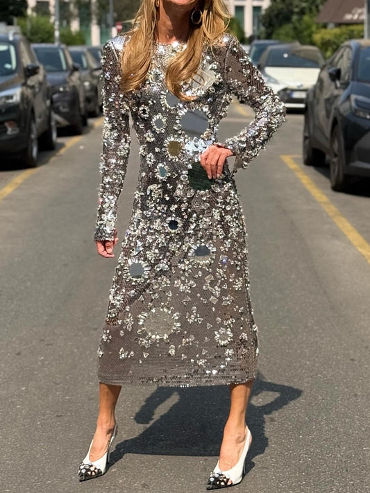Sequined Round Neck Long Sleeve Straight Dress