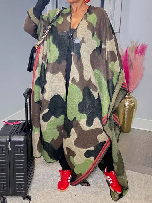 Knitted Camouflage-Print Maxi Poncho