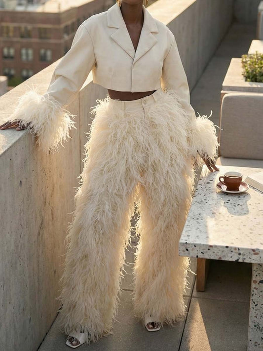 Feather Decoration Fashion Cropped Blazer & Pants