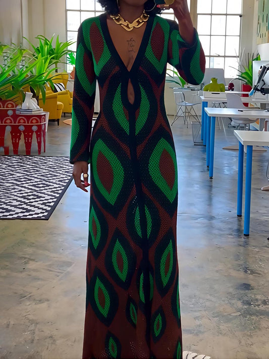 Deep V Neck Cut Out Knitted Maxi Dress
