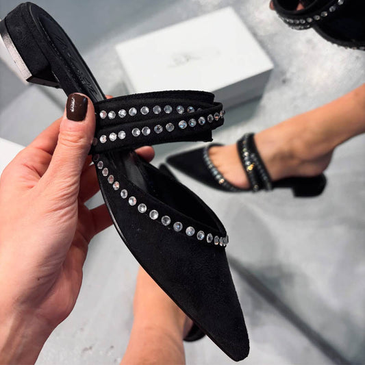 Chic Black Pointed Toe Mules with Rhinestones