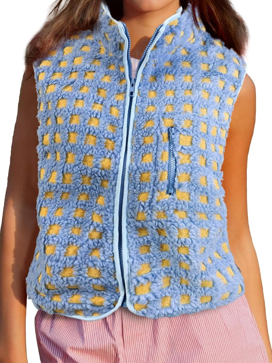 Plush Plaid Stand-collar Sleeveless Vest