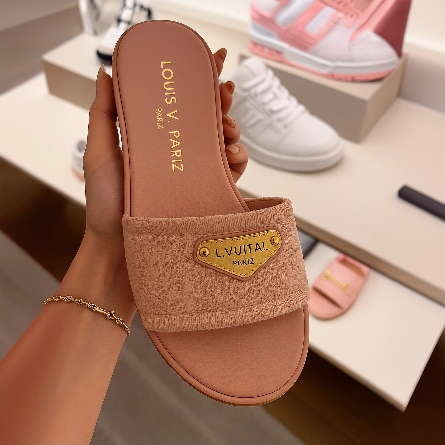 Pink Terry Cloth Slide Sandals With Gold Plate