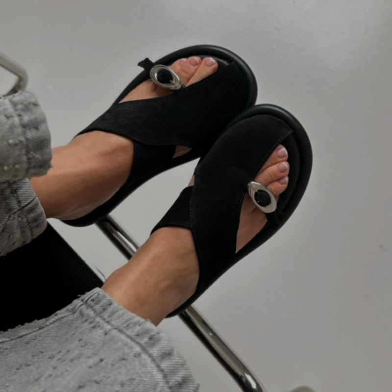 Black Suede Cross - Strap Sandals