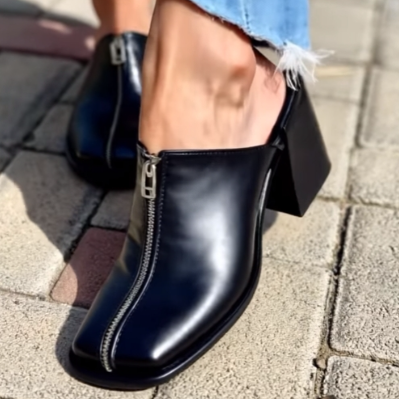 Zip Detail Block Heel Mules