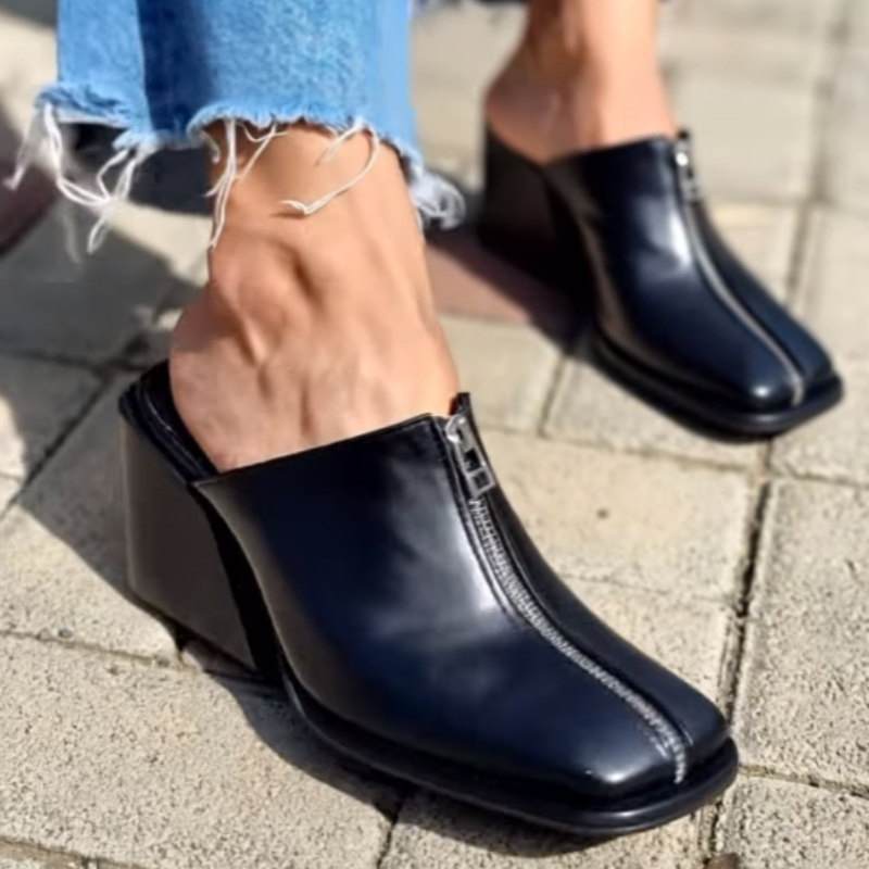 Zip Detail Block Heel Mules