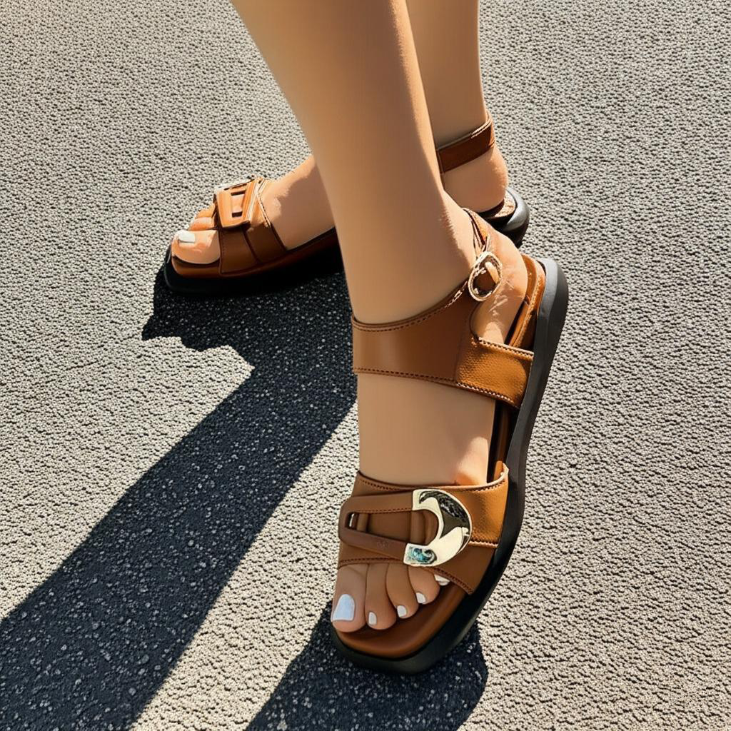 Metal Trim Square-toe Flat Sandals