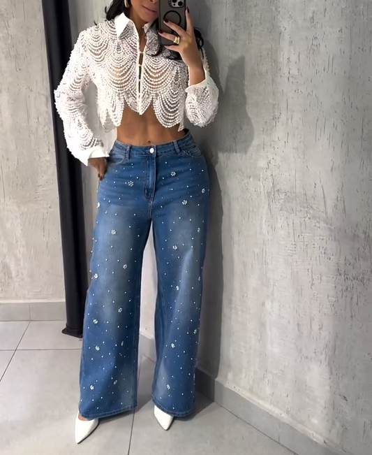 Florale Couture Bluse mit Perlenbesatz-Arabella