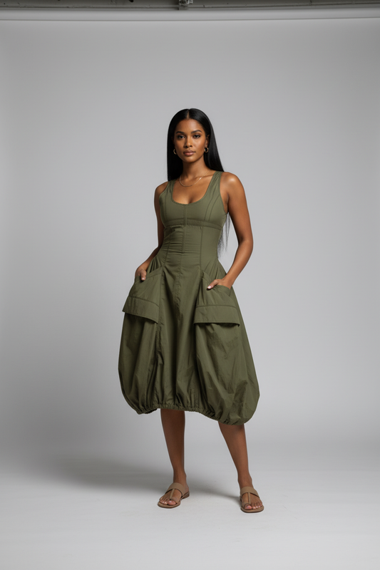 Olive Bubble Hem Midi Dress