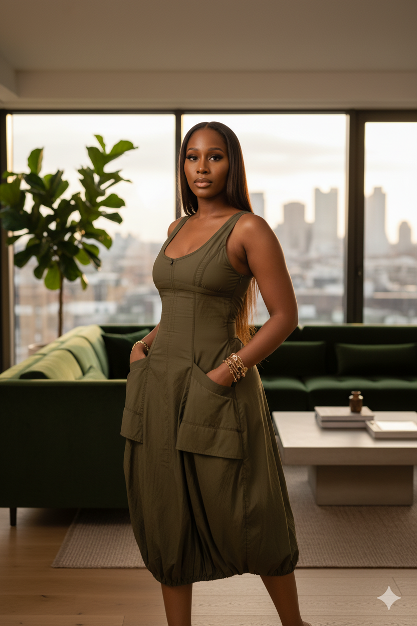 Olive Bubble Hem Midi Dress