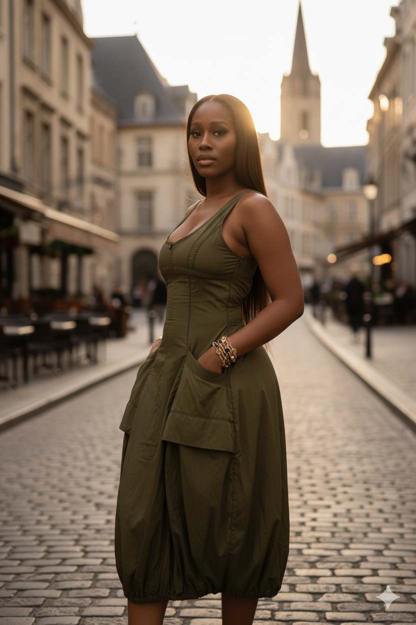 Olive Bubble Hem Midi Dress