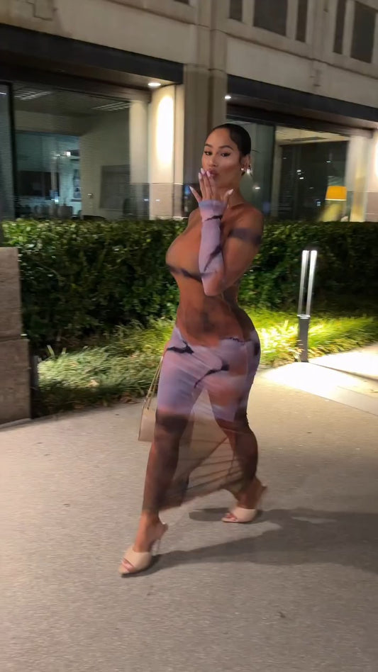 Orange-Purple Gradient Bodycon Long-Sleeve Maxi Dress