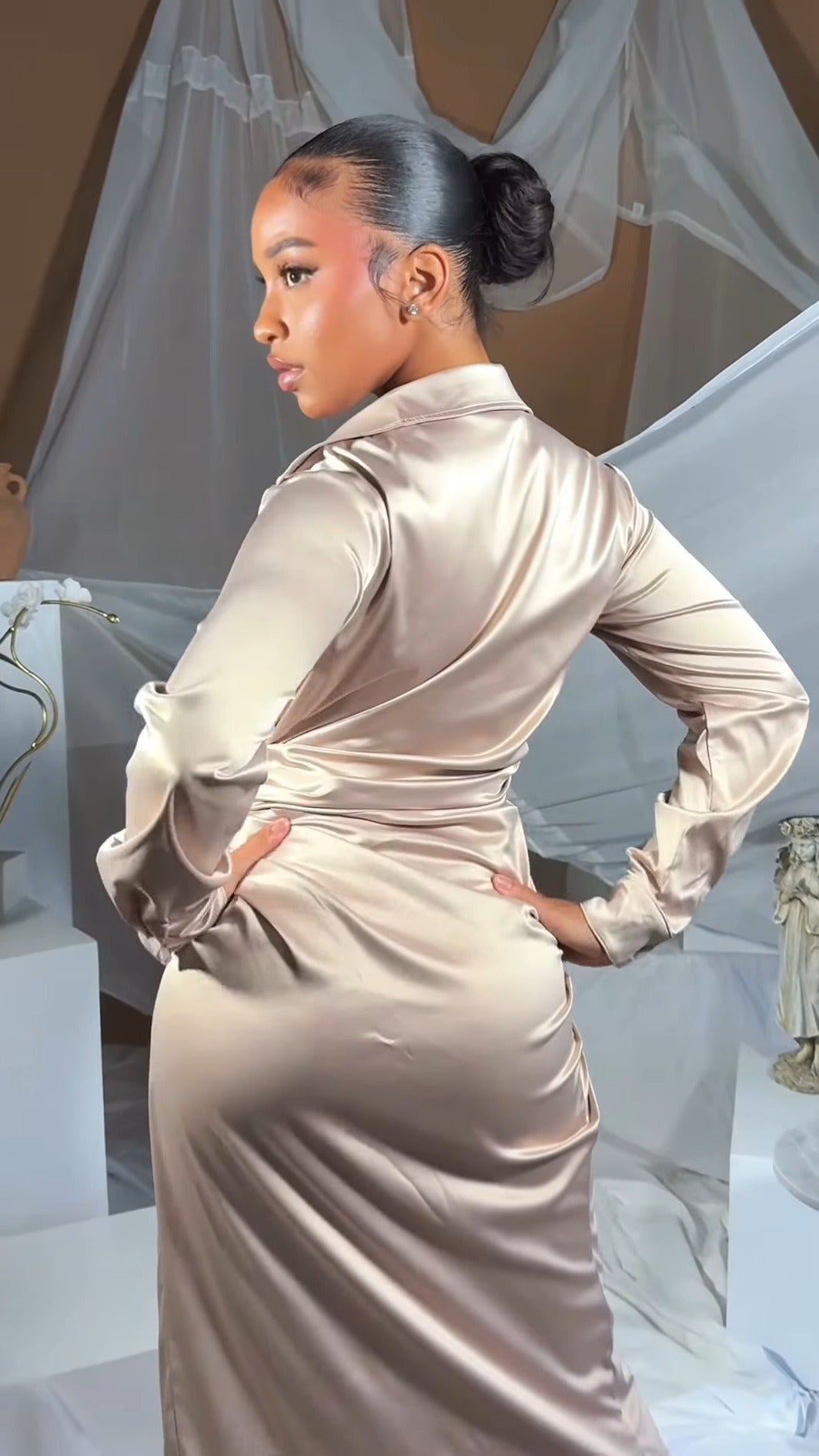 Beige Satin Shirt Collar Long-Sleeve Waist-Tie Maxi Dress