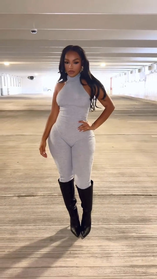Light Gray Ribbed Halter Neck Sleeveless Bodycon Jumpsuit