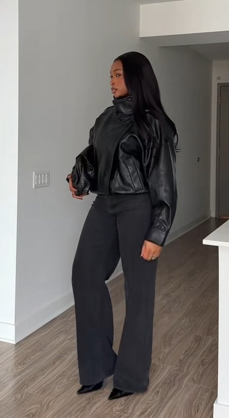 Black Faux Leather Hooded High-Collar Oversized Jacket