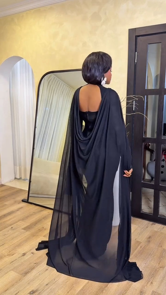 Black Slim-Fit Dress With Detachable Long Mesh Overlay