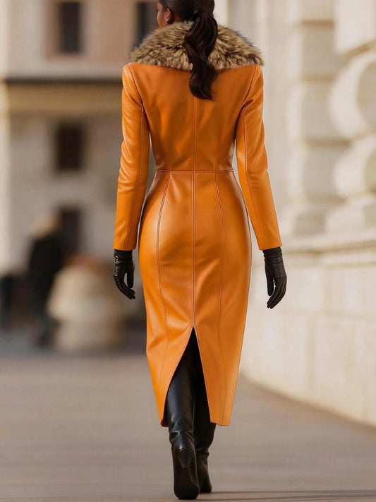 Orange Faux Leather Midi Dress With Faux Fur Collar & Waist Belt