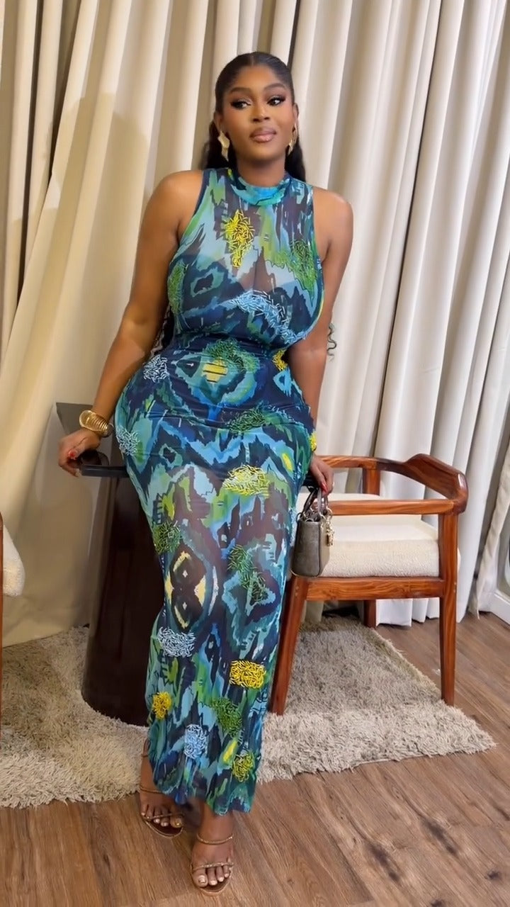 Blue-Green Abstract Print Sheer Sleeveless Turtleneck Maxi Dress