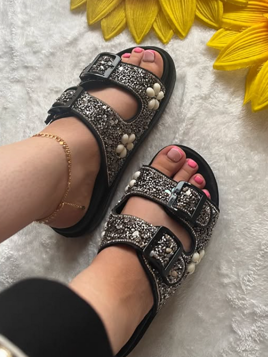 Rhinestone Metal Buckle Flat Sandals