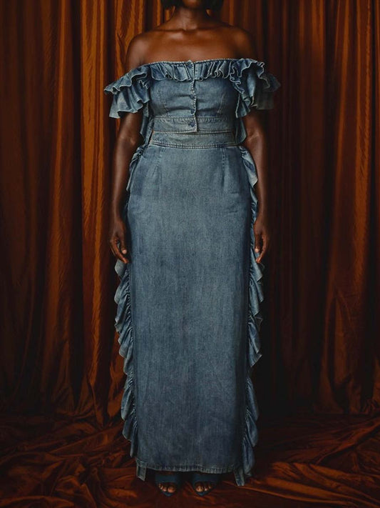 Denim Ruffled Off Shoulder Two Pieces Dress