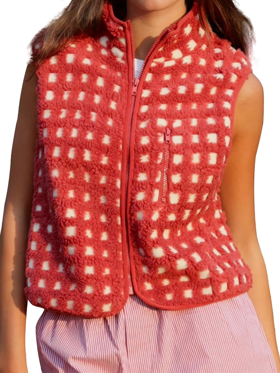 Plush Plaid Stand-collar Sleeveless Vest