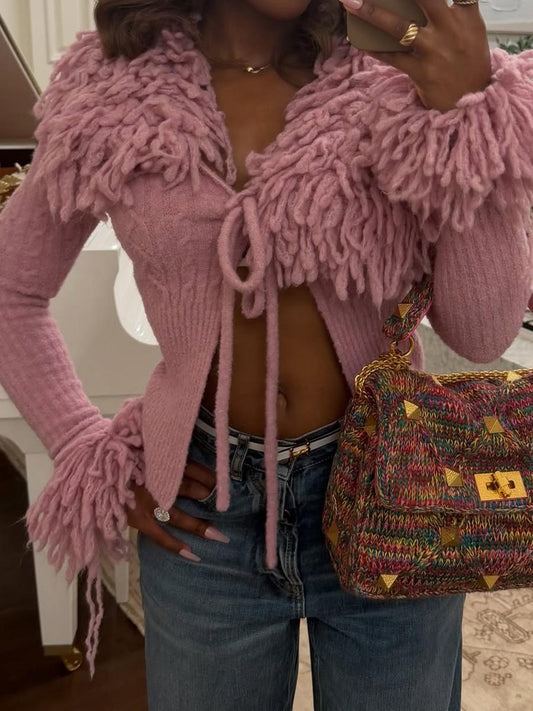 Knit Fringed Deep V Neck Top