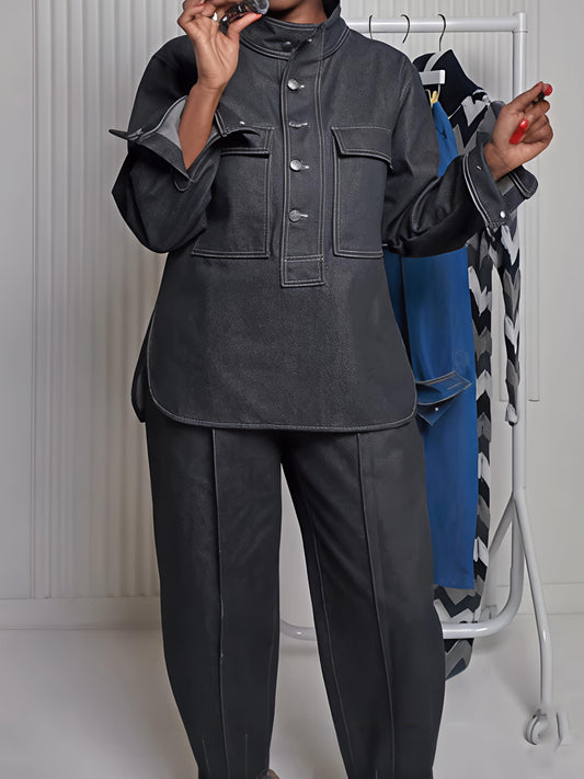 Denim Stand Collar Pockets Two Pieces Set