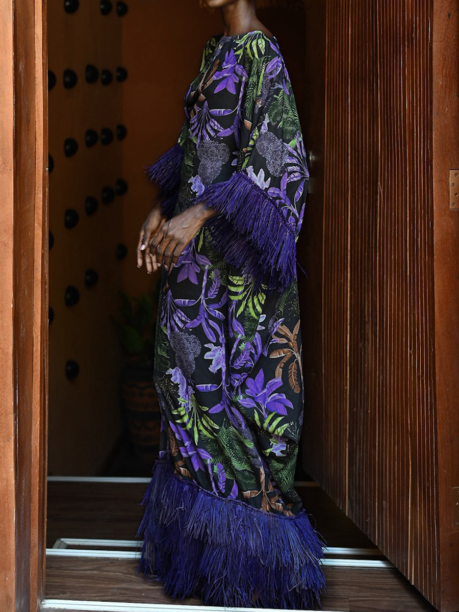 Fringed Hem Wide Sleeves Printed Maxi Dress