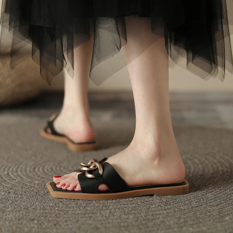 Summer Square Toe Leather Slippers