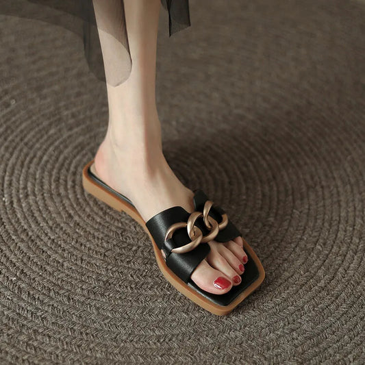 Summer Square Toe Leather Slippers