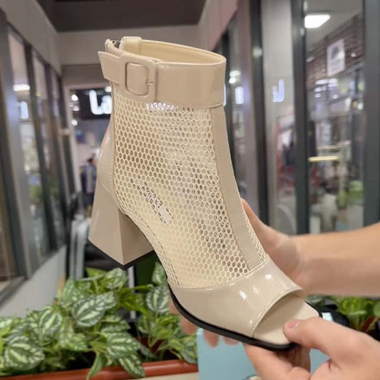 Thick-Heeled Fishmouth Mesh Ankle Boots