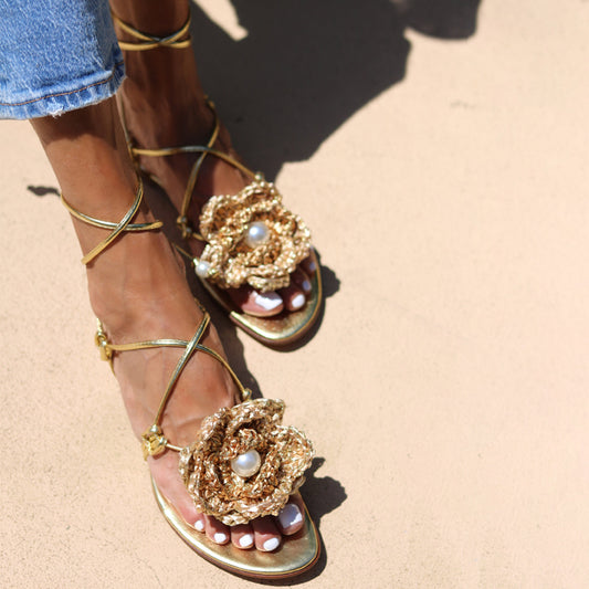 Faux Pearls Crochet Flower Flat Slippers