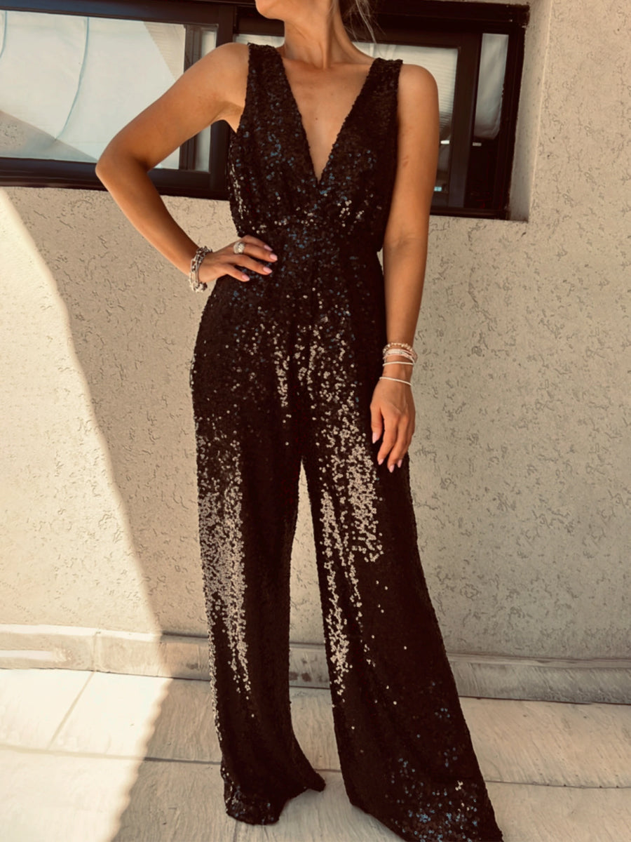 Sequined Deep V Neck Backess Party Jumpsuit